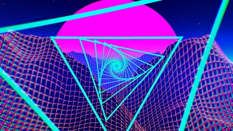 Retrofuturistic synthwave background Neon Landscape. Pink Sunset And Pyramids. Stock Footage 101162566
