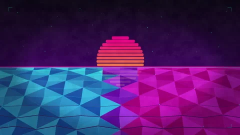 Retrofuturistic synthwave pixel sun animation loop with neon grid landscape Vidéo 346740516