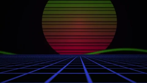 Retrowave Abstract Grid Landscape with Glowing Sun and Neon Laser for 80s C.. Stock Footage 343763912