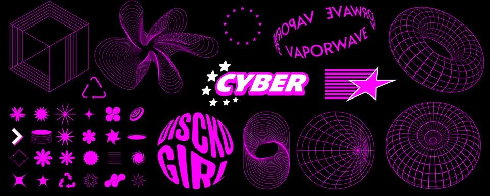 Retrowave design elements in trendy retro cyberpunk 80s 90s style. Y2k aesthe Stock Illustration