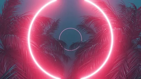 Retrowave glowing circle frame appears in the tropical palm tree looped Stock Footage 178854134