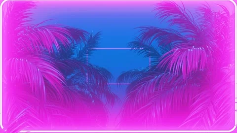 Retrowave glowing rectangle frame appears in the tropical palm tree zoom in Stock Footage 177451239