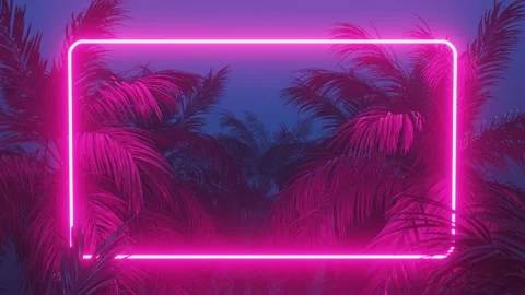 Retrowave glowing rectangle frame appears in the tropical palm tree zoom out Stock Footage