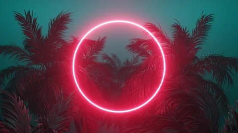 Retrowave glowing rectangle frame appears in the tropical palm tree Stock Footage 179138514