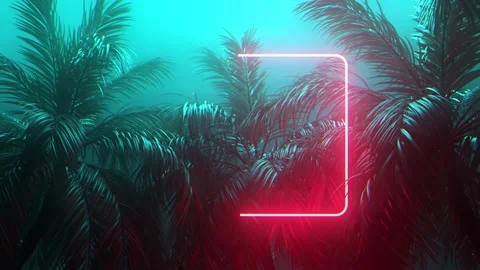 Retrowave glowing rectangle frame appears in the tropical palm tree Stock Footage 179141219