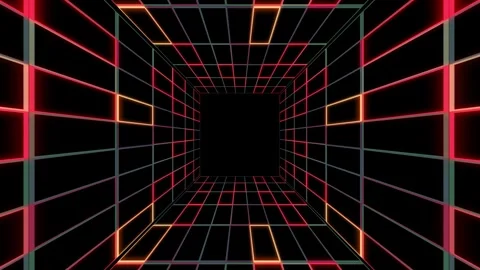 Retrowave groovy style neon grid tunnel. Red and orange glowing lines in 3D  Stock-Footage 333629660