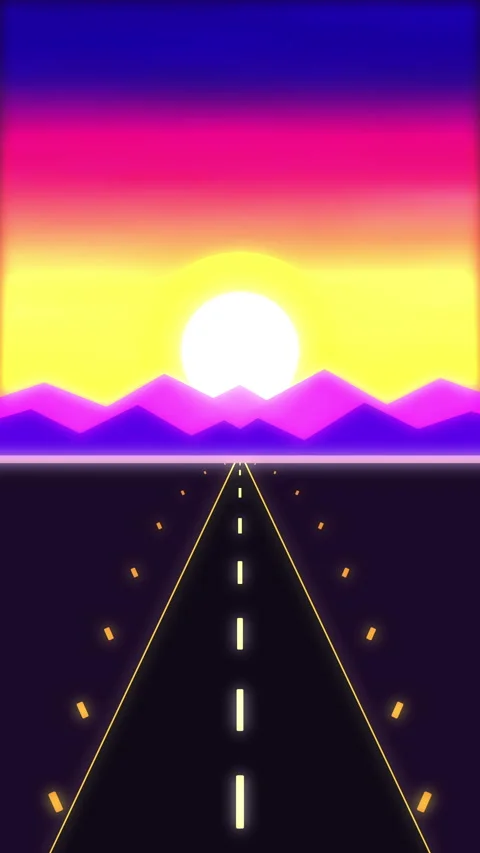Retrowave loop animation driving into sunset with mountains and highway Stock Footage 347956122