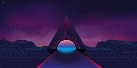 Retrowave neon pyramid, arcade space. Retro purple technology lights, grid, 3d Stock Illustration