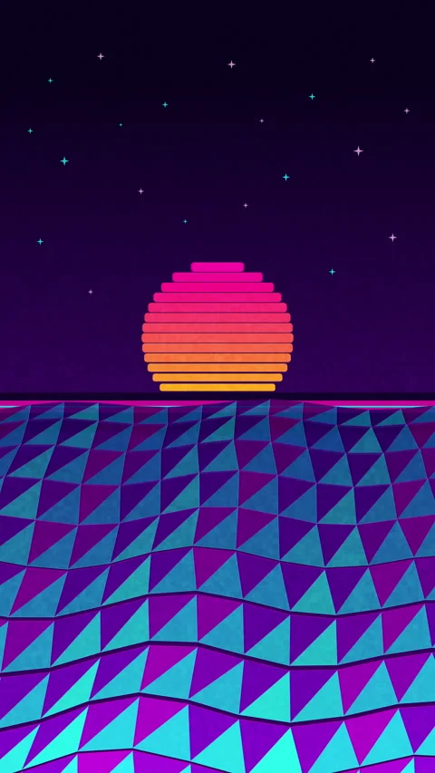 Retrowave pixel art loop with synthwave sun, wireframe ocean, and digital grid Vidéo 346740572