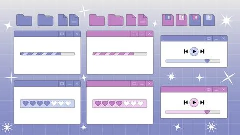 Retrowave popup user interface elements with and without hearts 스톡 일러스트