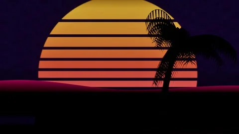 Retrowave sunset with palm silhouette. 3d rendering Stock Footage 339933782