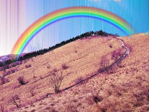 Retrowave Synthwave 80s Landscape with Rainbow Stock Photos