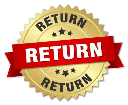 Return 3d gold badge with red ribbon Stock Illustration