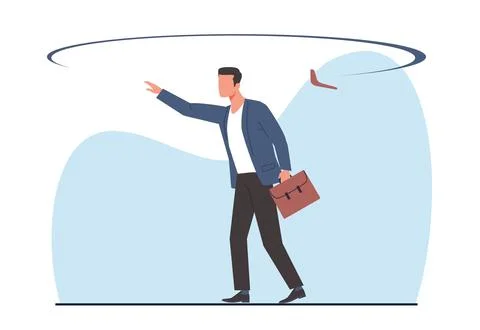 Return of bad deed, businessman gets back boomerang he set off. Consequences and Stock Illustration