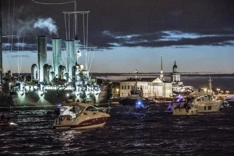 Return of the cruiser Aurora after repairs to the main Parking lot Stock Photos