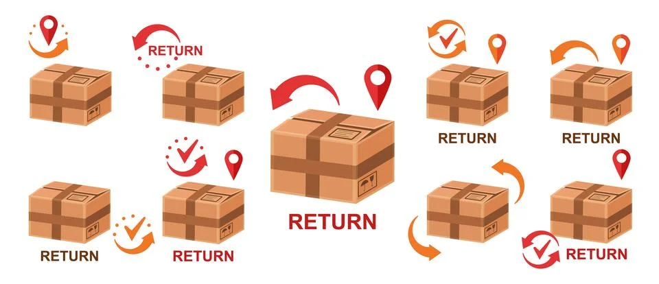 Return delivery post parcel package to sender, send box with order back icon set Stock Illustration