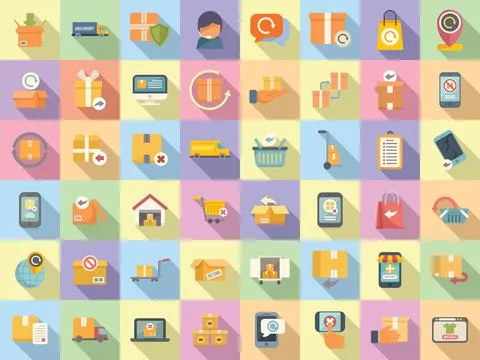 Return of goods icons set flat vector. Agreement certificate Stock Illustration