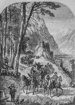 Return from a hunt in styria, the quaint store by mr. edward charton 1870 Stock Illustration