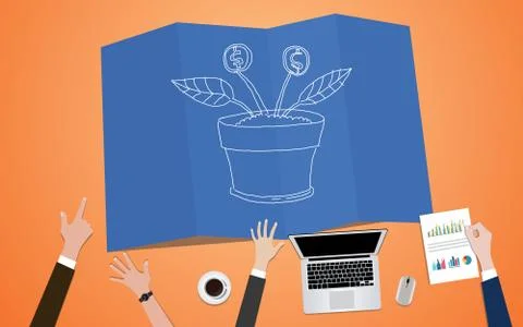 Return on investment plan concept illustration with team mange on blueprint with Stock Illustration