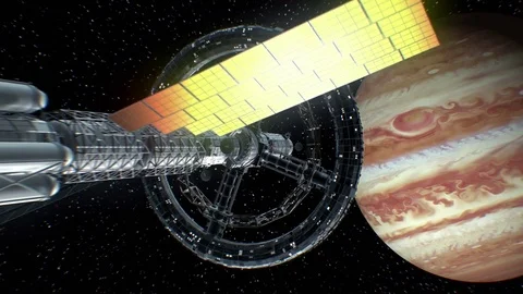 Return from Jupiter. Great spaceship returns from a big space journey, 3d. Stock Footage 85062215