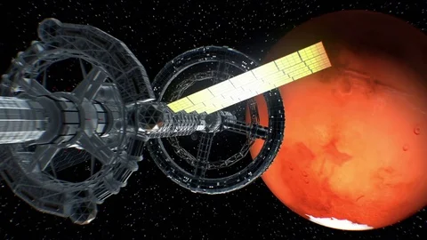 Return from Mars. Great spaceship returns from a big space journey, 3d animation Stockbeeldmateriaal 85039501