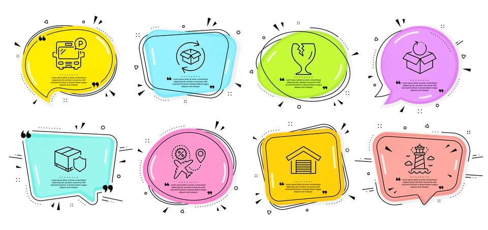 Return parcel, Bus parking and Delivery insurance icons set. Vector Stock Illustration