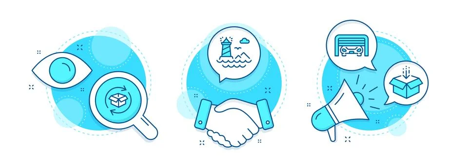 Return parcel, Lighthouse and Get box icons set. Parking garage sign. Vector Stock Illustration