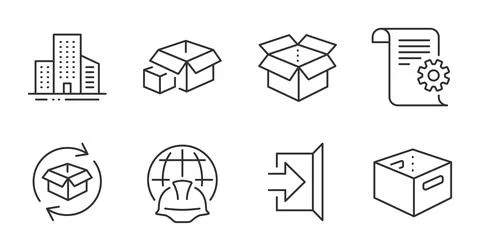 Return parcel, Packing boxes and Buildings icons set. Office box, Global Stock Illustration