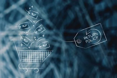 Return policy and unsuccessful products, return label with arrow next to sh.. Stock Illustration