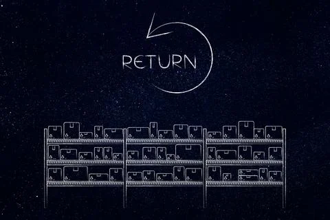 Return policy  concept, return sign with backward arrow above warehouse she.. Ilustración de archivo