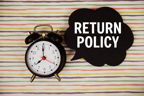 Return Policy text on speech bubble with alarm clock on colorful stripes ba.. Stock Photos