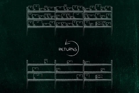 Return sign with backward arrow in between warehouse shelves, from many par.. Illustrazione stock