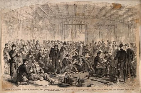 Return of wounded Confederate prisoners, under a flag of truce, during the .. Stock Illustration