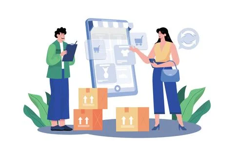 Returns and exchanges specialist assisting customers with returns and excha.. Stock Illustration