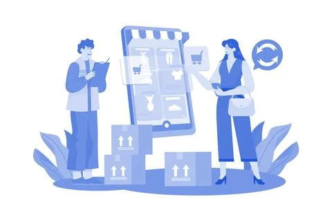 Returns and exchanges specialist assists with returns and exchanges. Stock Illustration