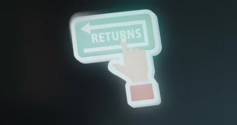 Returns icon, hand pointing towards a button labeled RETURNS Stock Footage 314502714