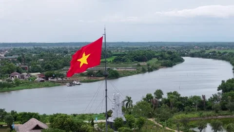 Reunification monument and flagpole at Hien Luong from above 4K Stock Footage 339865258