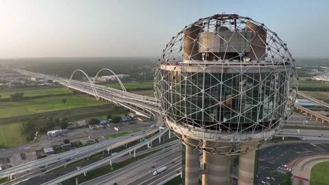 Reunion Tower Top Close-Up and Margaret McDermott Bridge Aerial View Video stock 347317534