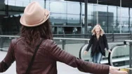 Reunited And Hugging Friends On Airport Arrival Stock Footage