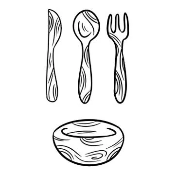 Reusable bamboo kithcenware set of doodles. Zero waste recyclable kitchen tab Stock Illustration