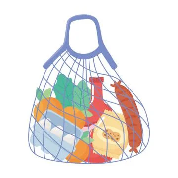 Reusable cloth string bag with products grocery purchases Stockillustratie