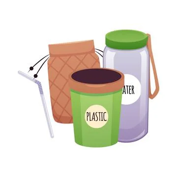 Reusable eco items, green plastic cup, water bottle, straw, cloth bag. Illustrazione stock