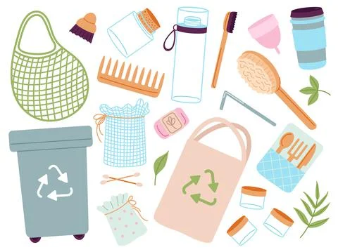 Reusable elements. Bamboo brush, container and shopping bag for fruits and Stock Illustration