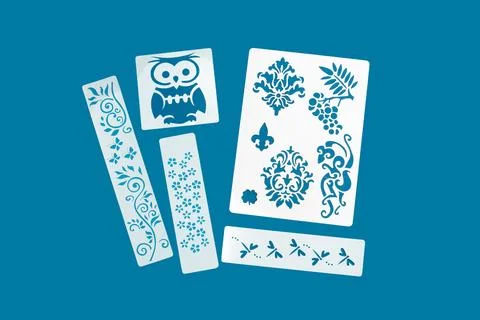 Reusable flexible plastic stencils for graphical design on a blue background Stock Illustration