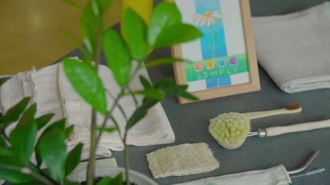 The reusable goods lying on the table. Zero waste home. Eco friendly lifestyle. Stock Footage 269049419