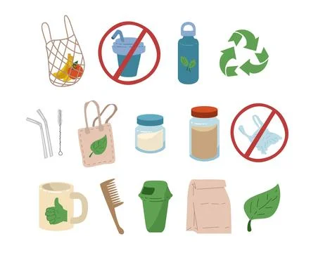 Reusable items for Zero waste and environmental conservation, vector isolated. Ilustración de archivo