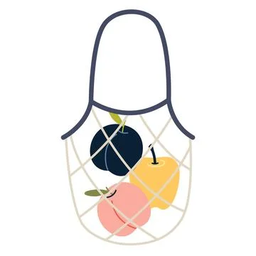 Reusable mesh, string bag with colorful summer fruits like plum, apple, and.. Stock Illustration
