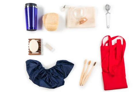 Reusable objects for green life, zero waste concept on white background top v Stock Photos