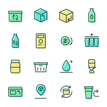 Reusable packaging and refill icon set with returnable bottles, boxes, jars, Stockillustratie