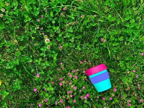 Reusable plastic beverage mug on the grass Stock-Fotos